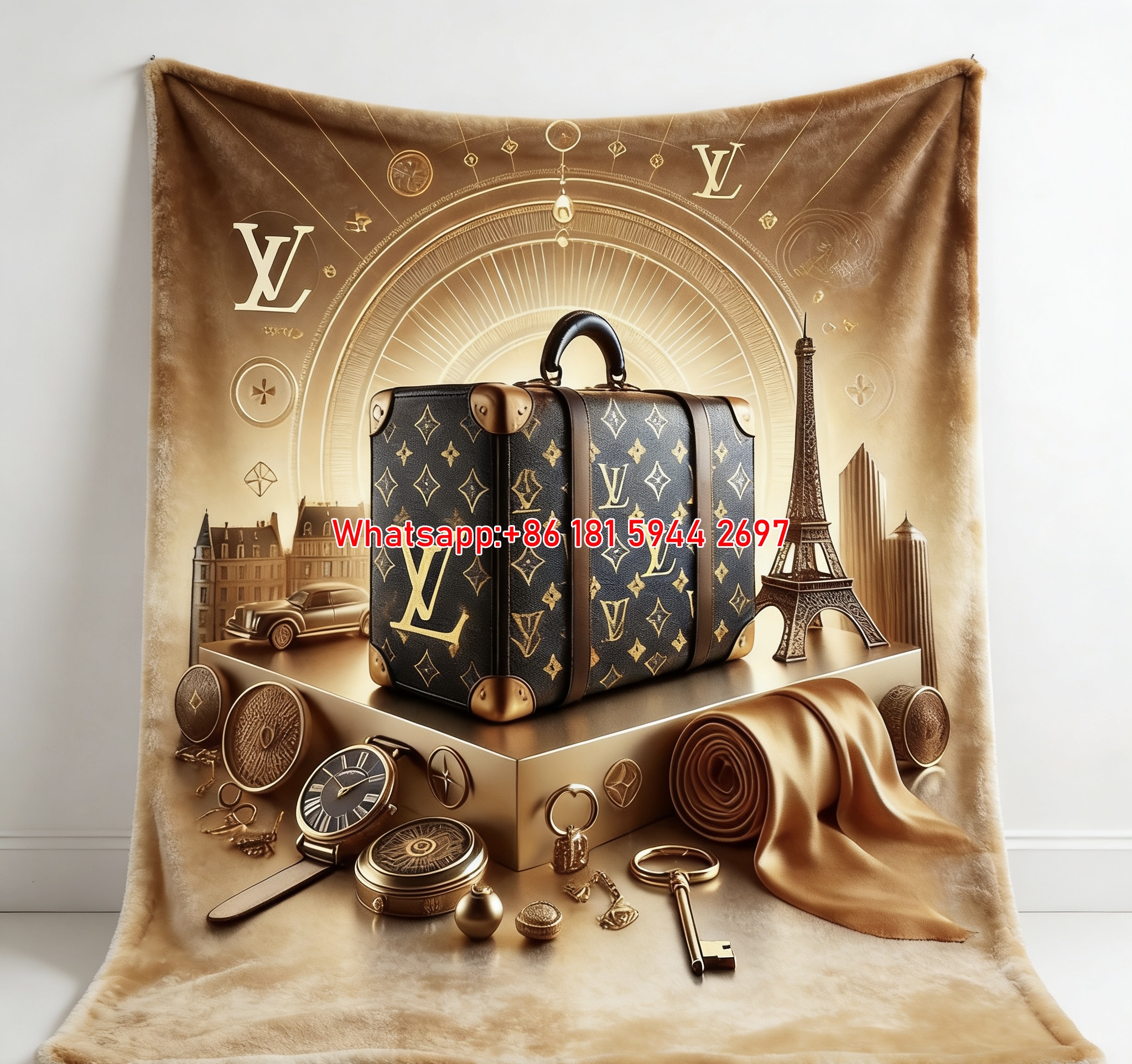 LV Parisian Luxury Blanket Golden LV Vintage Trunk Throw 021